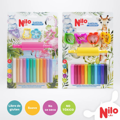 PLASTILINA PASTEL NILO - BLISTER X 12UND. + 4 MOLDES + 1 RODILLO