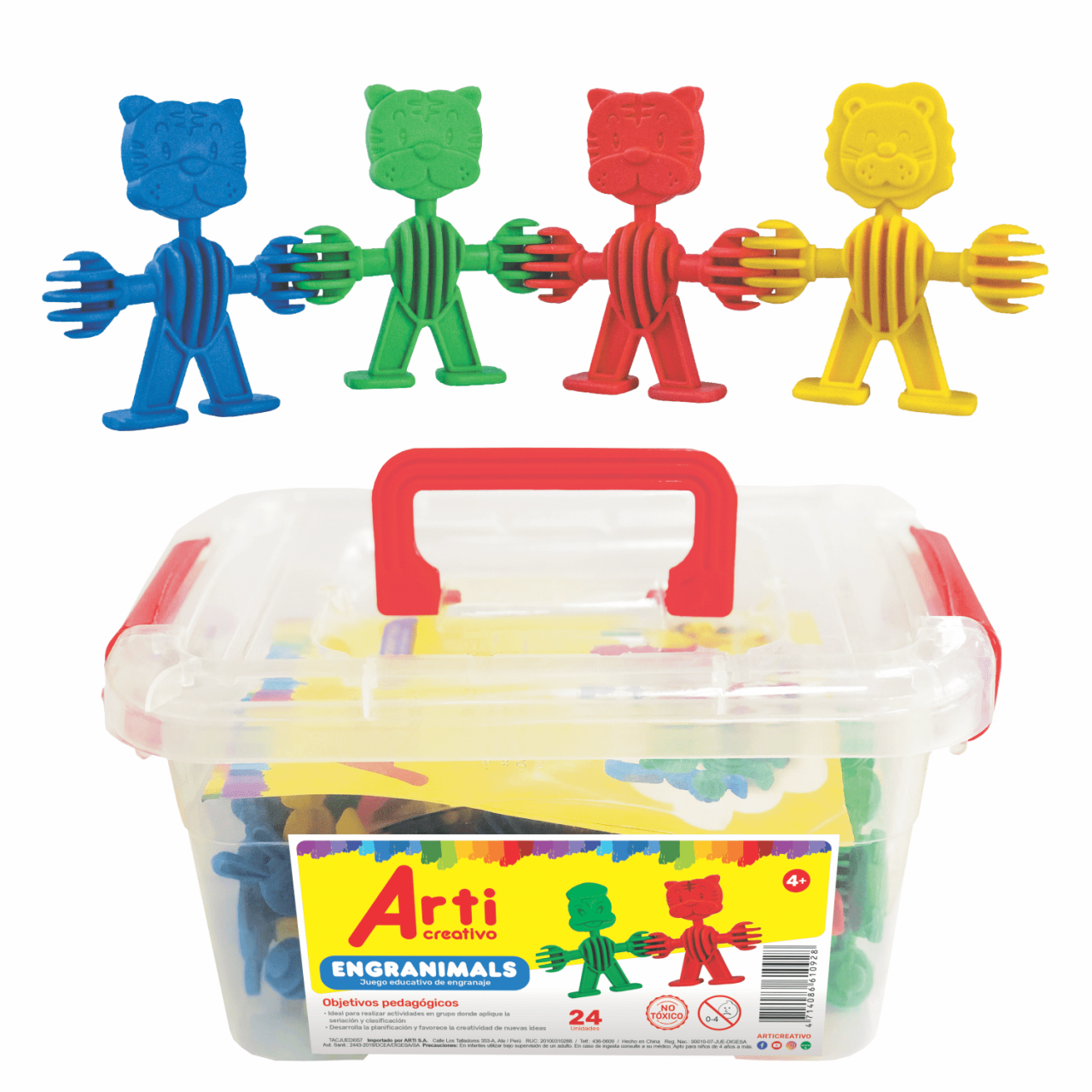 JUEGO DE CONSTRUCCIÓN Y ENGRANAJE DE PLÁSTICO "ENGRANIMALS" X 24 UND. ARTI CREATIVO