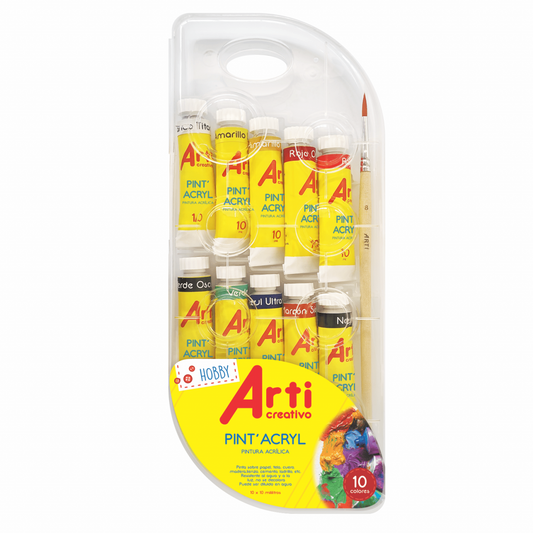 PINTURA ACRILICA "PINT ACRYL" X 10 UND. + PINCEL - ARTI CREATIVO