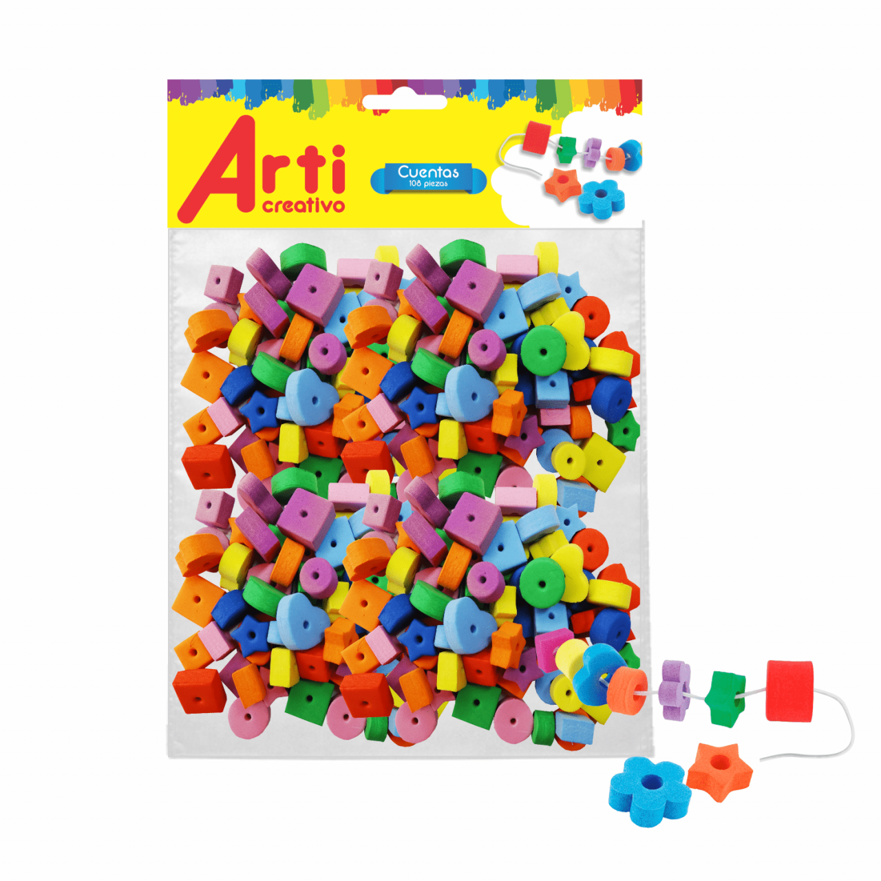 JUEGO DE EXPLORACION Y ENHEBRADO EN GOMA EVA "CUENTAS" X 108 PZAS. ARTI CREATIVO