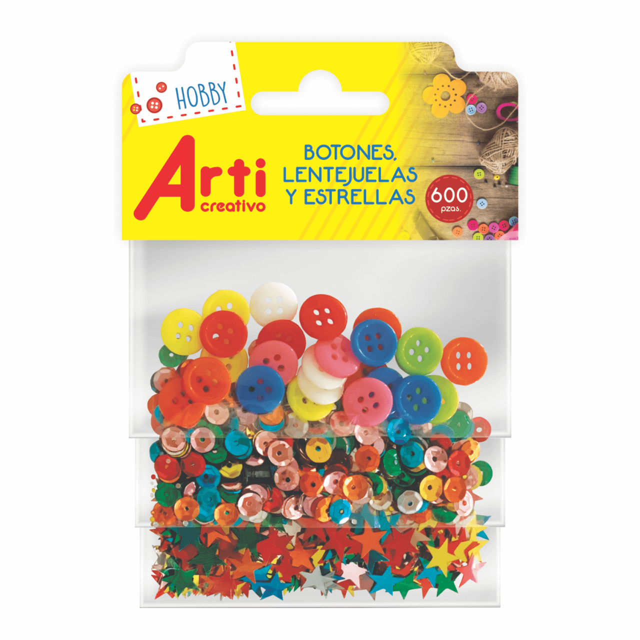 BOTONES, LENTEJUELAS Y ESTRELLAS x 600 PZAS. ARTI CREATIVO