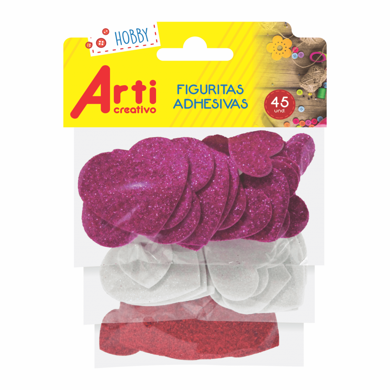 FIGURAS ADHESIVAS "CORAZONES" GLITTER X 45 UND. ARTI CREATIVO