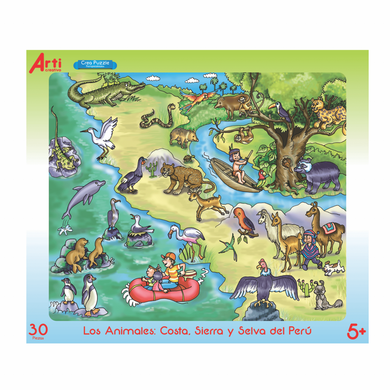 ROMPECABEZAS DE CARTON CON BASE PARA COLOREAR Y PINTAR "LOS ANIMALES COSTA-SIERRA Y SELVA DEL PERÚ" X 30 PIEZAS ARTI CREATIVO